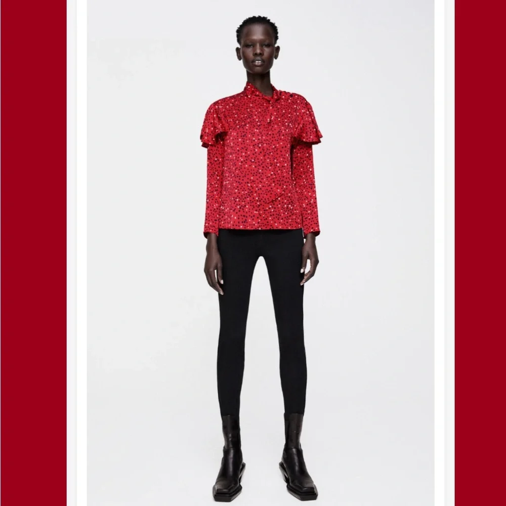 Zara red satin heart patterned tiered pussybow blouse - Picture 12 of 14